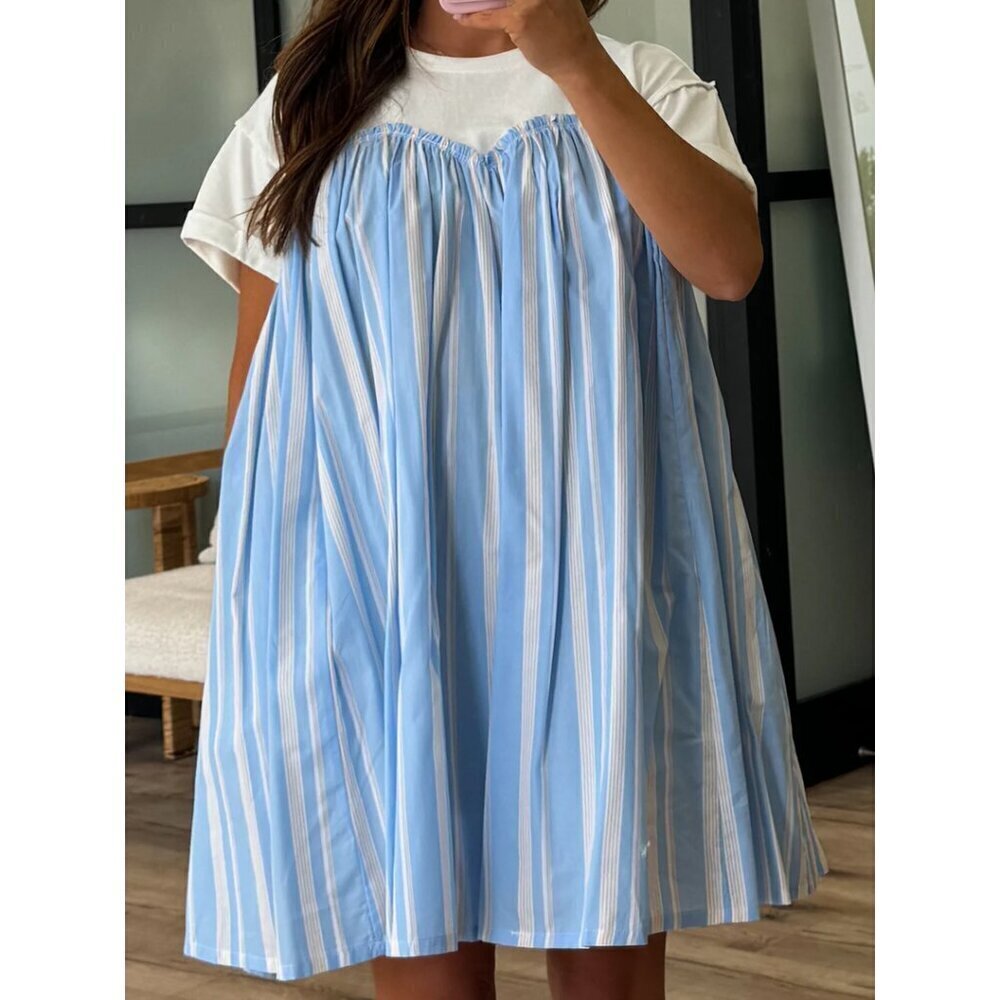 WISHLIST Nordstrom Stripe Twofer Mixed Media Cotton Babydoll Dress in Blue Combo - Picture 9 of 10
